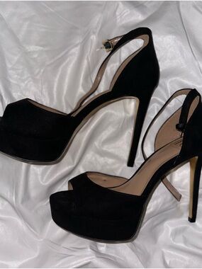 Jennifer Lopez Black Suede Platform Peep-Toe Stiletto Heels with Ankle Strap